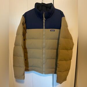 Patagonia Bivy Down Puffer Jacket Mens Size XL Tan Navy Outdoors Full Zip
